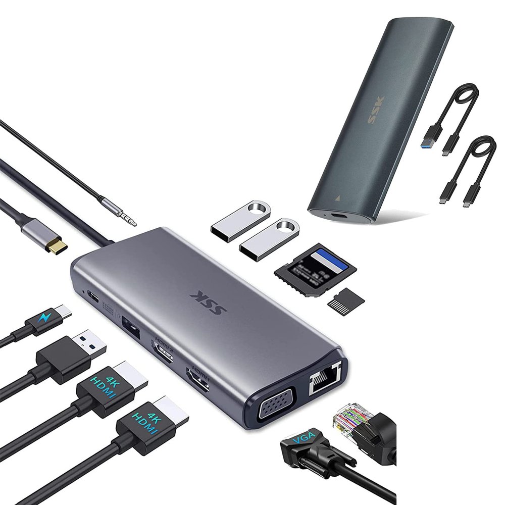 Bundles SSK Aluminum M.2 NVME/ SATA SSD Enclosure Adapter and SSK 11 in 1 USB C Docking Station with Dual HDMI, VGA,1000Mbps Ethernet Port ect