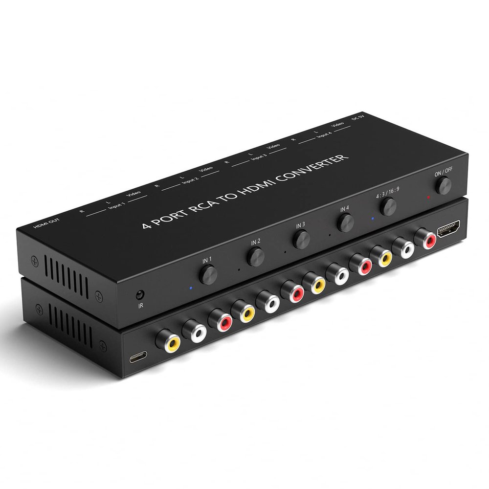 4 Port RCA to HDMI Converter 1080P/720P RCA Composite CVBS AV Switch to HDMI Converter Adapter Support 4:3/16:9 Switch, for Sega Xbox PS1 PS2 PS3 N64 NGC SNES WII VHS VCR Camera DVD(With Remote