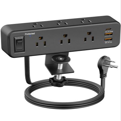 Desk Clamp Power Strip with PD 20W USB C, Desktop Edge Mount Surge Protector with 6 Outlet, Table Edge Socket with Switch, 6 ft Flat Plug Slim Extension Cord, Fit 1.8 inch Tabletop Thick