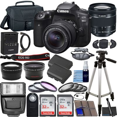 Canon EOS 90D DSLR Camera with EF-S 18-55mm f/3.5-5.6 is STM Lens & Preferred Accessory Bundle Includes: 2X 32GB SDHC Memory Card, Extended Life Battery, Case, Filters & More (Renewed)