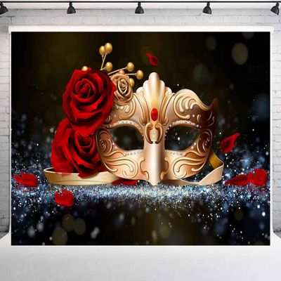 PHMOJEN Vinyl 15x10ft Golden Mask Red Rose Backdrop for Masquerade Theme Party, Valentine's Day Masquerade Ball Photography Backdrops High School Homecoming Dance Carnival Photo Backdrop BJXTPH198
