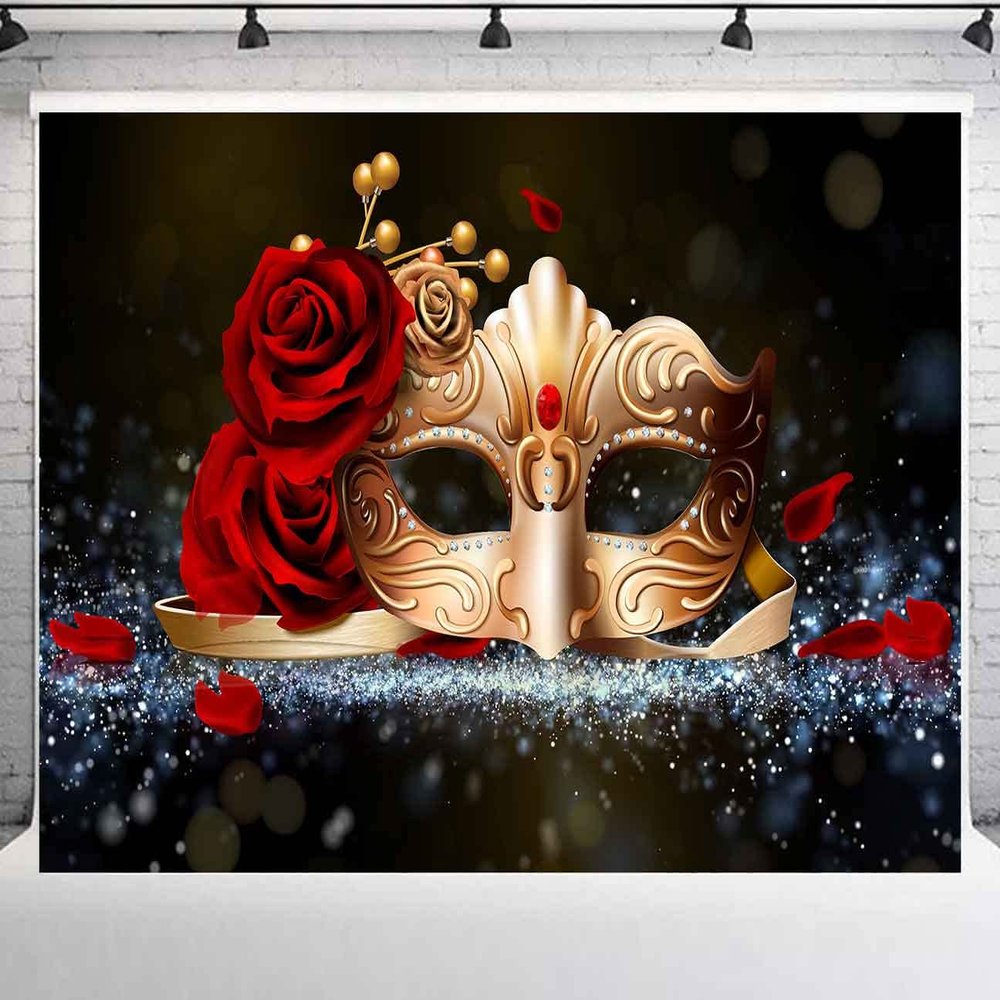 PHMOJEN Vinyl 15x10ft Golden Mask Red Rose Backdrop for Masquerade Theme Party, Valentine's Day Masquerade Ball Photography Backdrops High School Homecoming Dance Carnival Photo Backdrop BJXTPH198