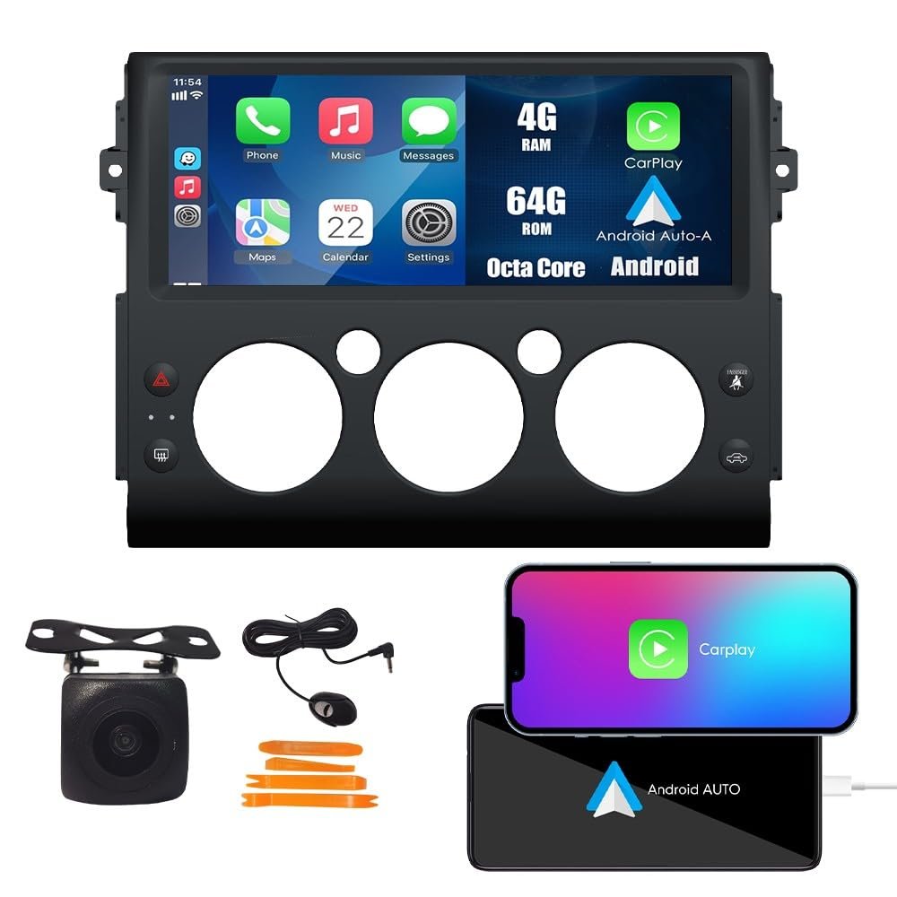 Kunfine Tesla Style Car CarPlay Android Auto Navigation Stereo GPS Radio Camera 12.3" IPS Touchscreen Headunit Tablet Pad Media Player For Toyota FJ Cruiser 07-14, if Applicable Octa Core 4G+64G Black