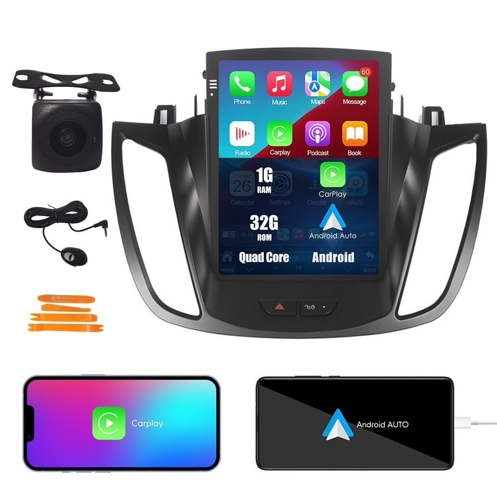 Kunfine Tesla Style Car CarPlay Android Auto Navigation Stereo GPS Radio Camera 9.7" IPS Touchscreen Headunit Tablet Media Player for Ford Escape Kuga 2013-2019, if Applicable Quad Core 1G+32G