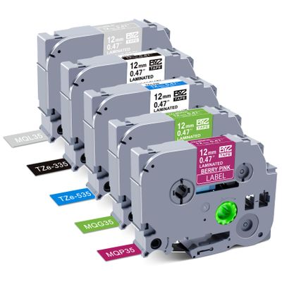 BOYEEZON 5-Pack Replacement for Brother P Touch TZ Tape 12mm 0.47 Laminated Label Maker Colored Tape (White on Berry Pink,Lime Green,Black,Blue,Matt Light Grey) for PT-H110 PT-D600 PT-D200, 26.2'(8m)