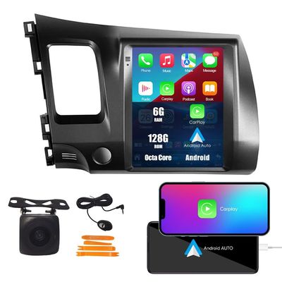 Kunfine Tesla Style Car CarPlay Android Auto Navigation Stereo GPS Radio Reverse Camera 9.7" IPS Touchscreen Headunit Tablet Media Player for Honda Civic 2006-2011, if Applicable Octa Core 6G+128G MT