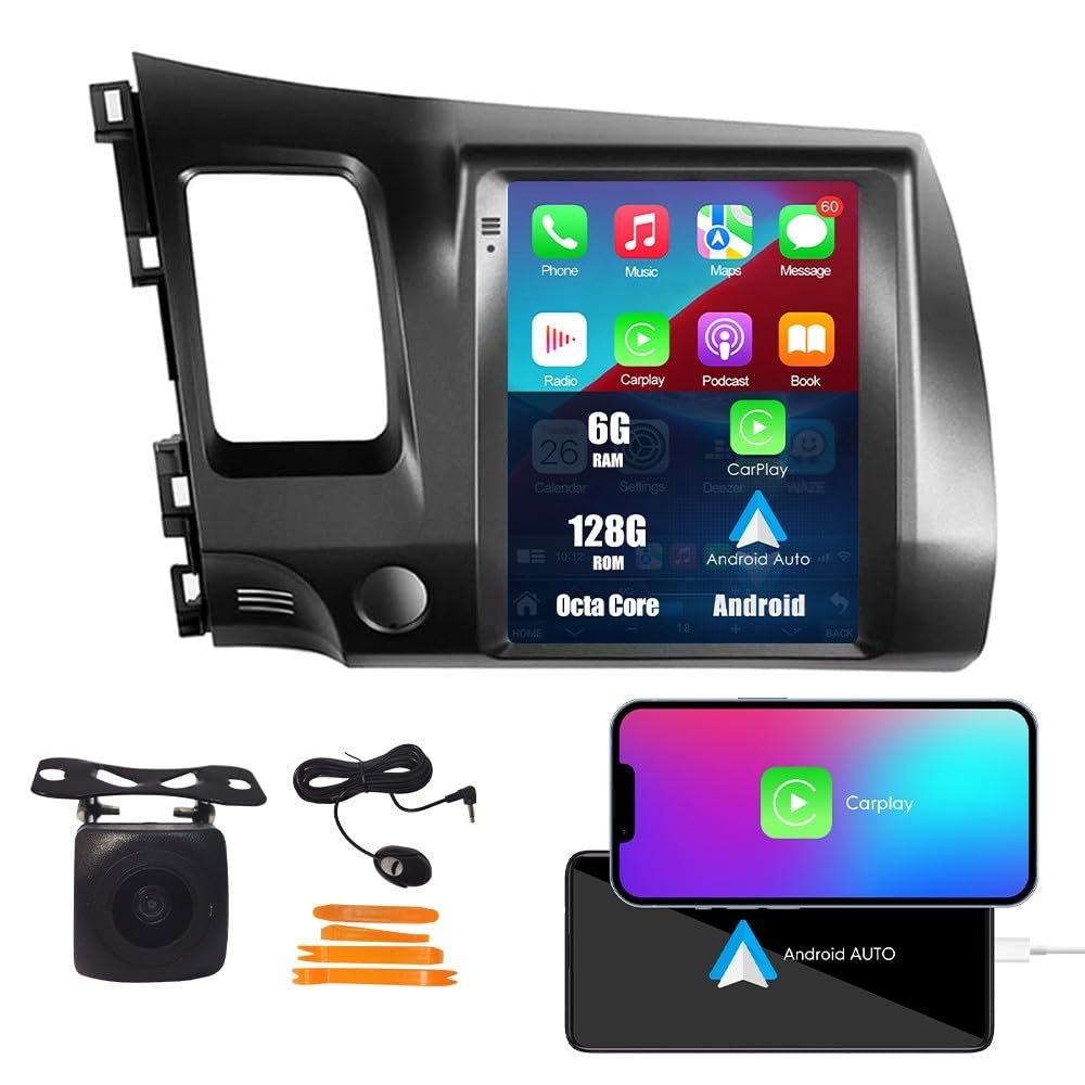 Kunfine Tesla Style Car CarPlay Android Auto Navigation Stereo GPS Radio Reverse Camera 9.7" IPS Touchscreen Headunit Tablet Media Player for Honda Civic 2006-2011, if Applicable Octa Core 6G+128G MT