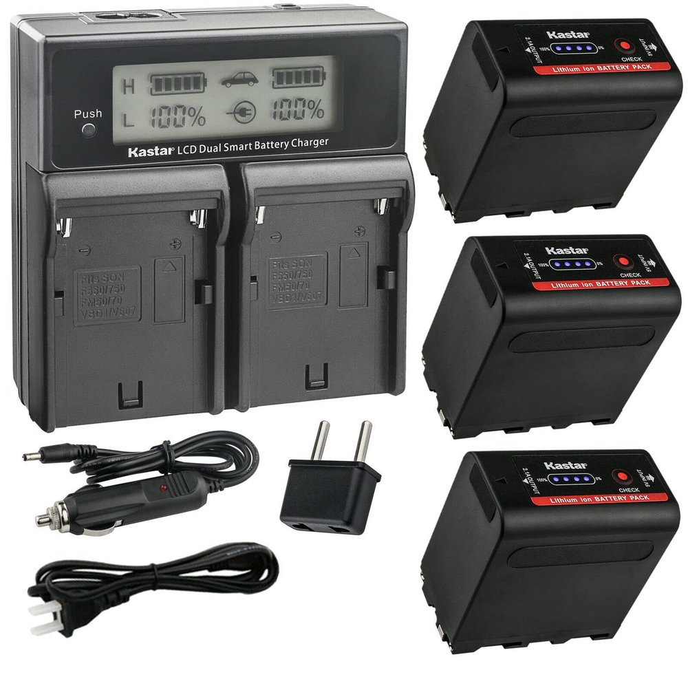 Kastar 3-Pack NP-F980EXP Battery and CH04 Dual Fast Charger Compatible with Blackmagic Design Video Assist 5" 7" Assist 3G-SDI/HDMI SmallHD 503 702 703 Indie 7 Cine 7 On-Camera Monitor