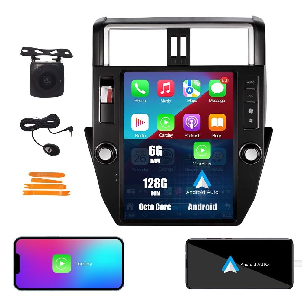 Tesla Style CarPlay Android Auto Navigation Stereo GPS Radio Reverse Camera 12.1" IPS Touchscreen Headunit Tablet Media Player for Toyota Land Cruiser Prado 2009-2013, if Applicable Octa Core 6G+128G
