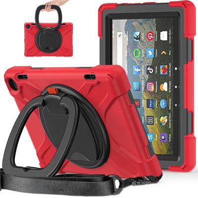 360 Rotating Portable Case for Fire HD 8 / Fire HD 8 Plus Tablet (12th Generation 2022) Shockproof Case with Rotating Stand Hand Strap Shoulder Strap (Red)