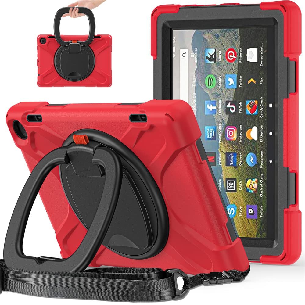 360 Rotating Portable Case for Fire HD 8 / Fire HD 8 Plus Tablet (12th Generation 2022) Shockproof Case with Rotating Stand Hand Strap Shoulder Strap (Red)