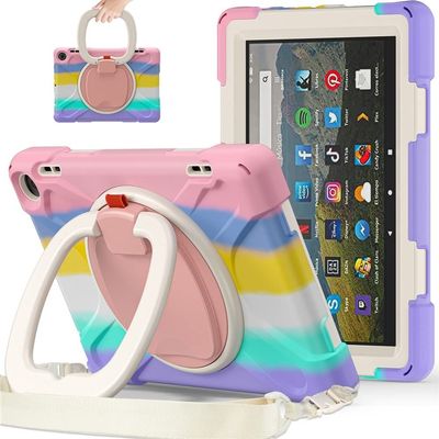 360 Rotating Portable Case for Fire HD 8 / Fire HD 8 Plus Tablet (12th Generation 2022) Shockproof Case with Rotating Stand Hand Strap Shoulder Strap (Colourful Pink)