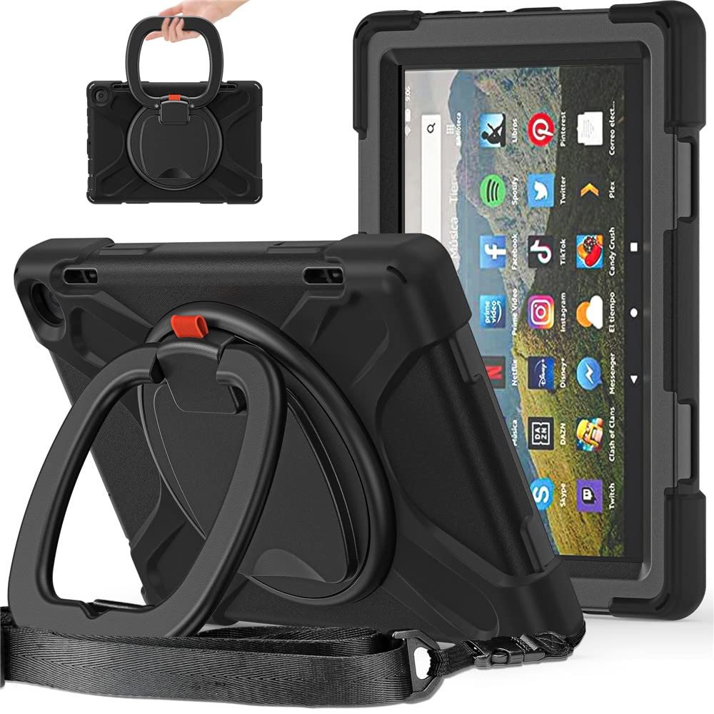 360 Rotating Portable Case for Fire HD 8 / Fire HD 8 Plus Tablet (12th Generation 2022) Shockproof Case with Rotating Stand Hand Strap Shoulder Strap (Black)