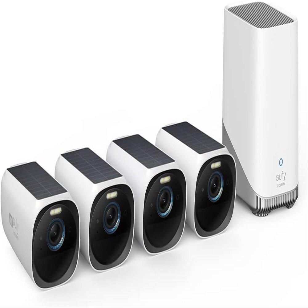 eufy Security eufyCam 3 4-Cam Kit,Security Camera Outdoor Wireless,4K Camera with Integrated Solar Panel, Forever Power,Face Recognition AI,Expandable Local Storage,Spotlight, 2.4 GHz Wi-Fi(Renewed)