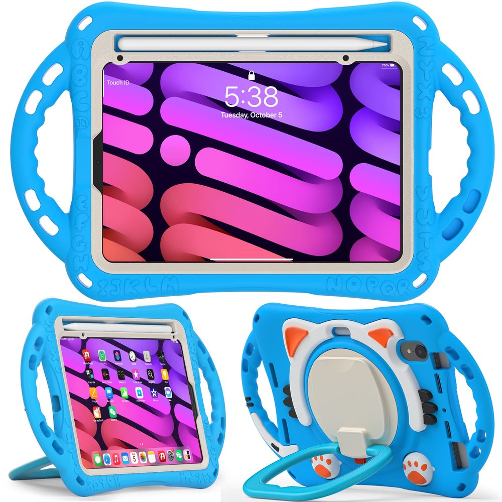 AdirMi Kids Case for iPad Mini 6 2021 (8.3 Inch) with Pencil Holder, Heavy Duty Cute Kid-Friendly Shockproof Protective Case with Built-in Handle, 360 Rotating Kickstand,D