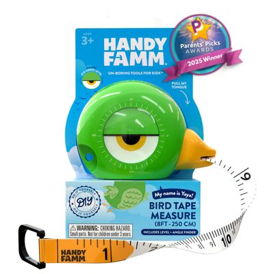 Handy Famm 8ft Green Bird Tape Measure for Kids  STEM Educational Tool with Level, Protractor, Retractable Design - DIY Construction Toy, Child-Safe Measuring Tapes, Gift for Boys & Girls 3+