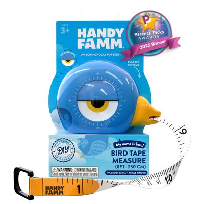 Handy Famm 8ft Blue Bird Tape Measure for Kids  STEM Educational Tool with Level, Protractor, Retractable Design - DIY Construction Toy, Child-Safe Measuring Tapes, Gift for Boys & Girls 3+