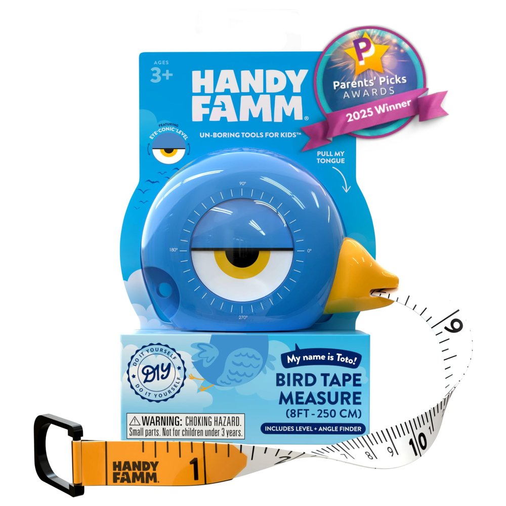 Handy Famm 8ft Blue Bird Tape Measure for Kids STEM Educational Tool with Level, Protractor, Retractable Design - DIY Construction Toy, Child-Safe Measuring Tapes, Gift for Boys & Girls 3+