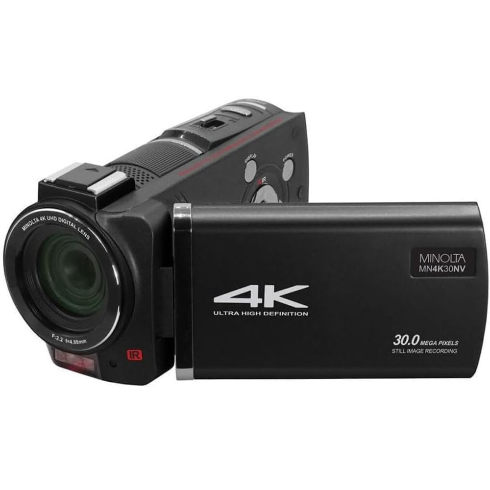 Minolta Camcorder - 4K Ultra HD, 30MP Photos, Night Vision with IR LEDs, 16X Zoom, Time Lapse, Anti-Shake, Touchscreen, MP4 Format, CMOS Sensor, HDMI USB Output, SD Slot (Black)