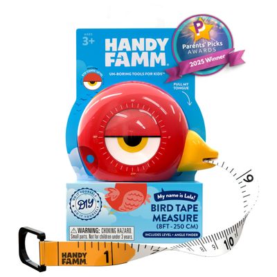 Handy Famm 8ft Red Bird Tape Measure for Kids  STEM Educational Tool with Level, Protractor, Retractable Design - DIY Construction Toy, Child-Safe Measuring Tapes, Gift for Boys & Girls 3+