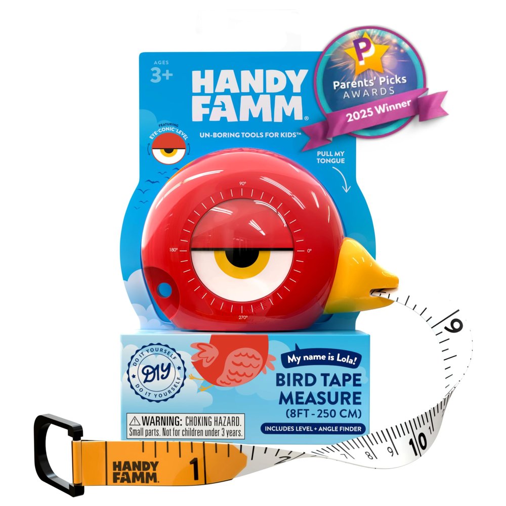 Handy Famm 8ft Red Bird Tape Measure for Kids  STEM Educational Tool with Level, Protractor, Retractable Design - DIY Construction Toy, Child-Safe Measuring Tapes, Gift for Boys & Girls 3+