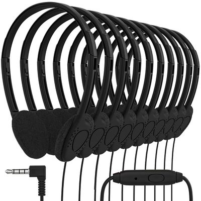 Maeline Bulk On Ear Student Headphones with Microphone for Library, School, Classroom, Airplane, Kids Online Learning and Travel, 3.5 mm Headphone Plug - 30 Pack - Black