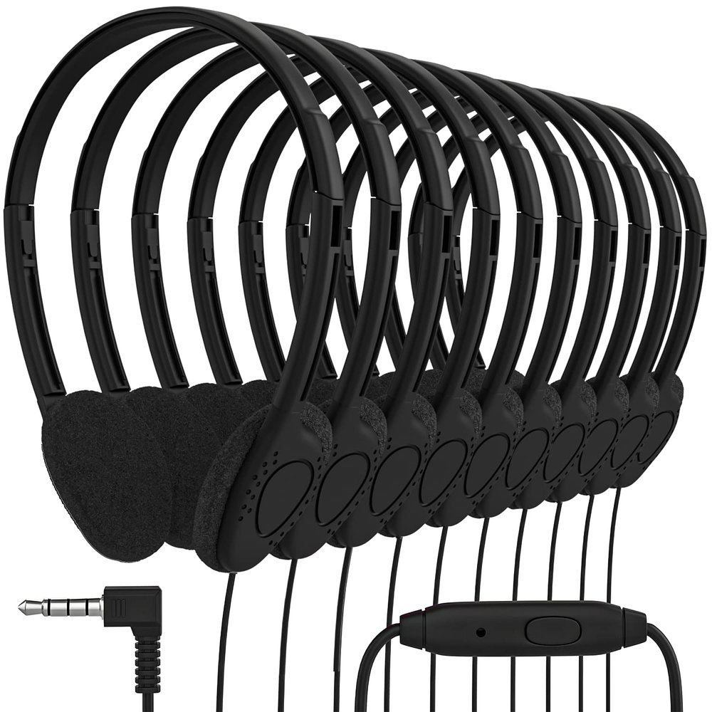 Maeline Bulk On Ear Student Headphones with Microphone for Library, School, Classroom, Airplane, Kids Online Learning and Travel, 3.5 mm Headphone Plug - 30 Pack - Black