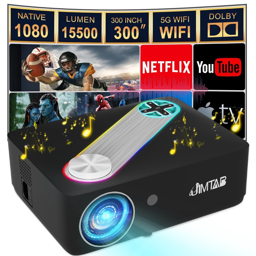 JIMTAB 2025 M22 Pro Native 1080P WiFi Video Projector with Bluetooth, Game Portable Indoor 5G Projector Support AV,VGA,USB,HDMI Compatible with Xbox,Laptop,iPhone and Android (M22 Pro)