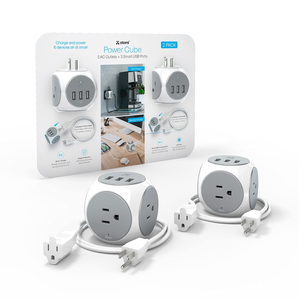 Atomi Power Cube 2-Pack 3AC Outlets + 3 Smart USB Ports + 5-ft. Cable