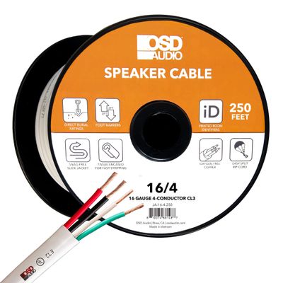 OSD Audio 16/4 Speaker Wire 16 AWG/Gauge 4 Conductor 250Ft UL List in Wall Direct Burial Graded CL2/CL3 Oxygen Free Copper OFC - White