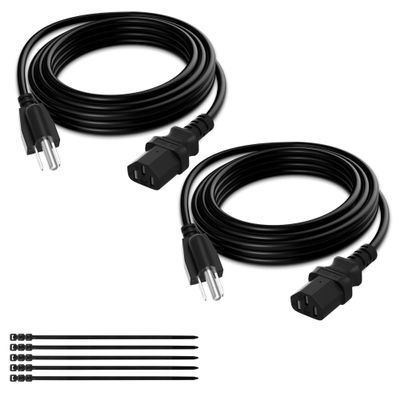 Elecan 3-Prong Replacement Power Cord 6 Ft/2 Pack, Heatproof Flexible Durable AC Device Power Cable for Appliance, Computer, TV, Monitor, Printer, ETL Listed 18AWG 125V 10A, with Ties