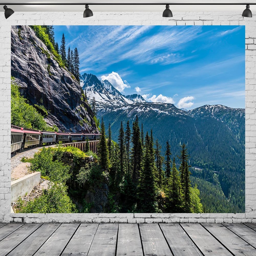 Loccor 10x6.5ft Fabric Mountain Backdrop Train and Yukon Railway Backdrops Blue Sky White Clouds Forest Summer Alaska Scenic Photography Background Children Adults Outdoor Travel Video Photo Props