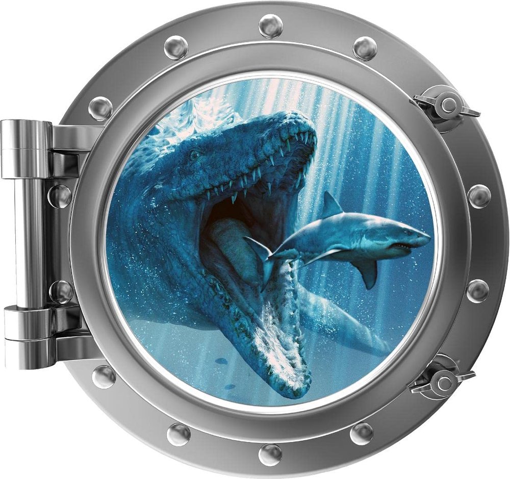 24 inch Port Scape Instant Sea Window View Mosasaurus Silver Porthole Wall Decal Jurassic Dinosaur Wall Art Sticker Kids Room Decor