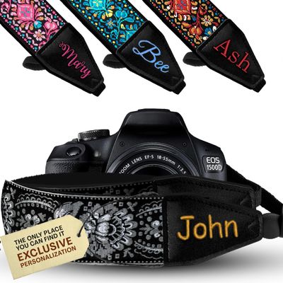 Art Tribute Custom Black Silver Woven Camera Strap - Choose Your Text and We Make It Especially For You Get Your Own Personalized Camera Strap, No Shipping Cost!