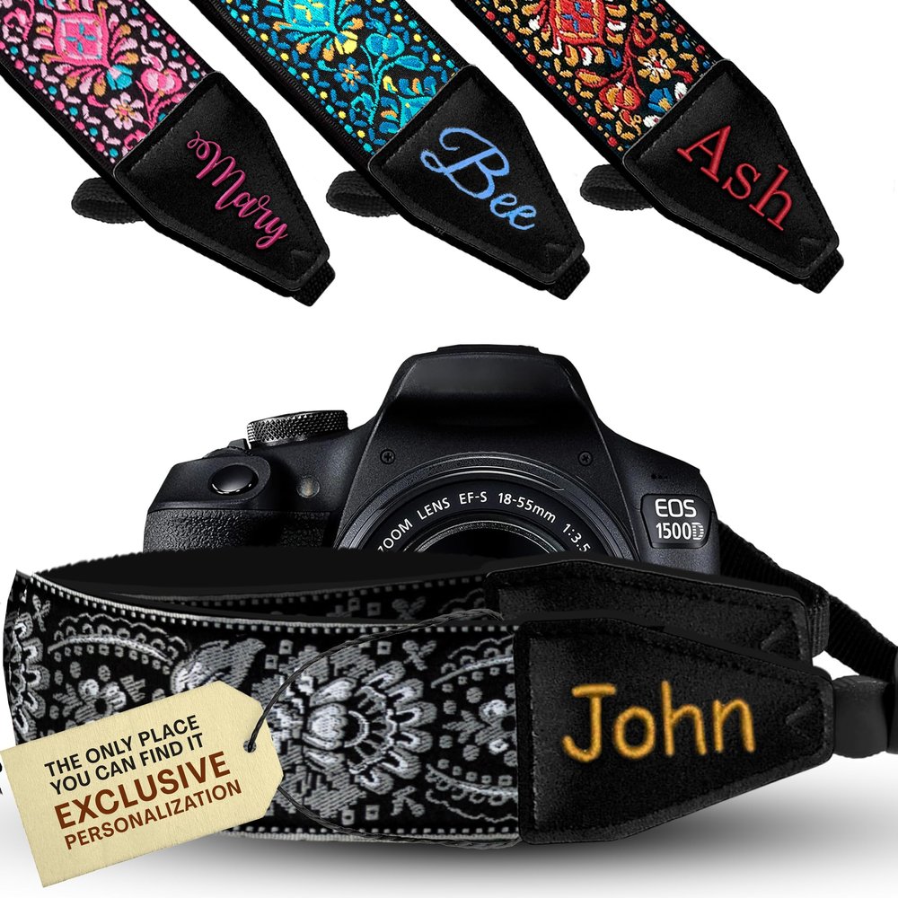 Art Tribute Custom Black Silver Woven Camera Strap - Choose Your Text and We Make It Especially For You Get Your Own Personalized Camera Strap, No Shipping Cost!