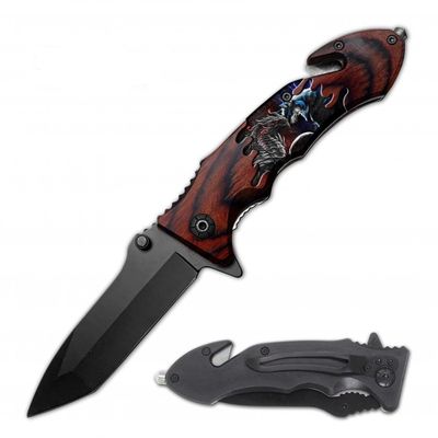 8" Spring Assisted Fantasy - Dragon and Wolf - Rescue Folding Pocket knife w/ Glass Breaker Handle, Seatbelt Cutter and Pocket Clip