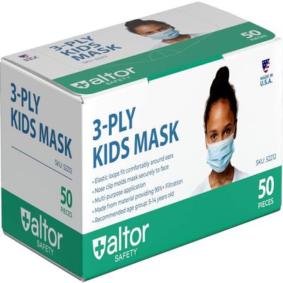 Original4u Altor Safety 3ply Child Face Mask Comfortable Breathable Kids Face Mask with Elastic Earloops and Nose Clip for Child (Box of 50) Made in USA 52212