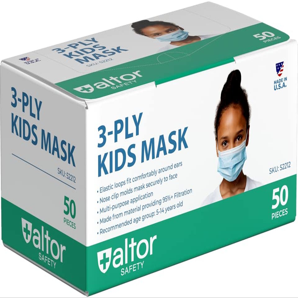 Original4u Altor Safety 3ply Child Face Mask Comfortable Breathable Kids Face Mask with Elastic Earloops and Nose Clip for Child (Box of 50) Made in USA 52212