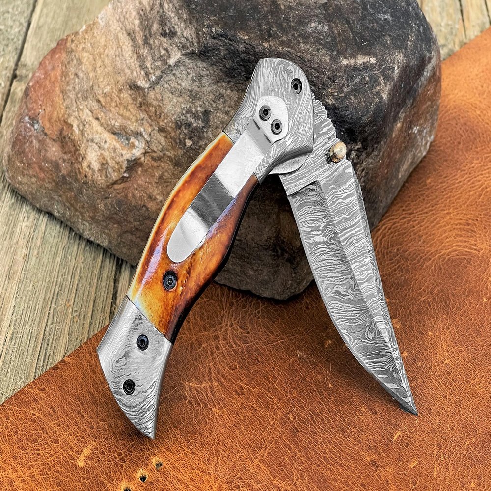 WINTERFELL Damascus Steel Hunting Pocket Knife with Burnt Camel Bone Handle with Belt Clip - 7.5" Custom Gift Knife for Men - Unique Anniversary, Birthday gifts for Husband, Dad, Boyfriend