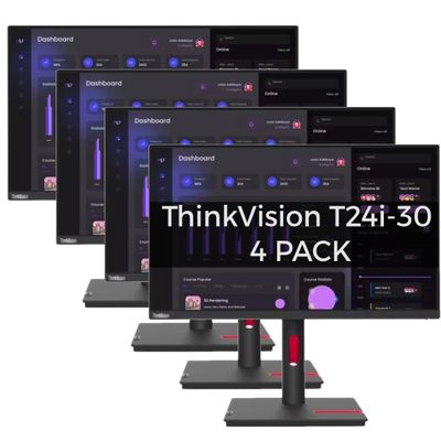 Lenovo ThinkVision T24i-30 24" Full HD IPS Monitor - 1920x1080, HDMI, VGA, DisplayPort, USB Hub, Raven Black - for Multi-Monitor Setup 4 Pack