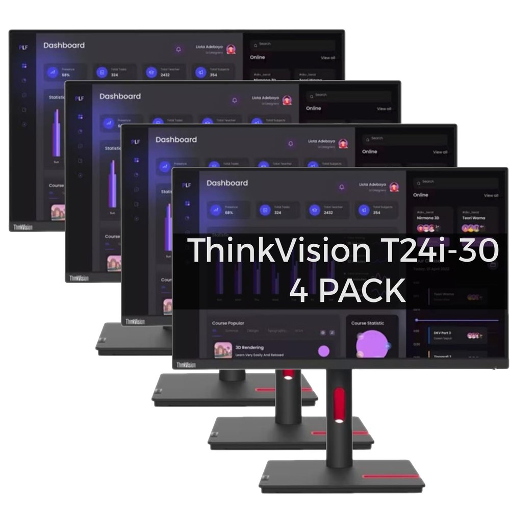 Lenovo ThinkVision T24i-30 24" Full HD IPS Monitor - 1920x1080, HDMI, VGA, DisplayPort, USB Hub, Raven Black - for Multi-Monitor Setup 4 Pack