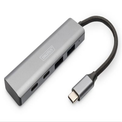 DIGITUS 4-Port USB-C Hub - USB 3.1 Gen 2-2X USB A + 2X USB-C - up to 10Gbps - Plug & Play - Aluminum Case - Dark Grey
