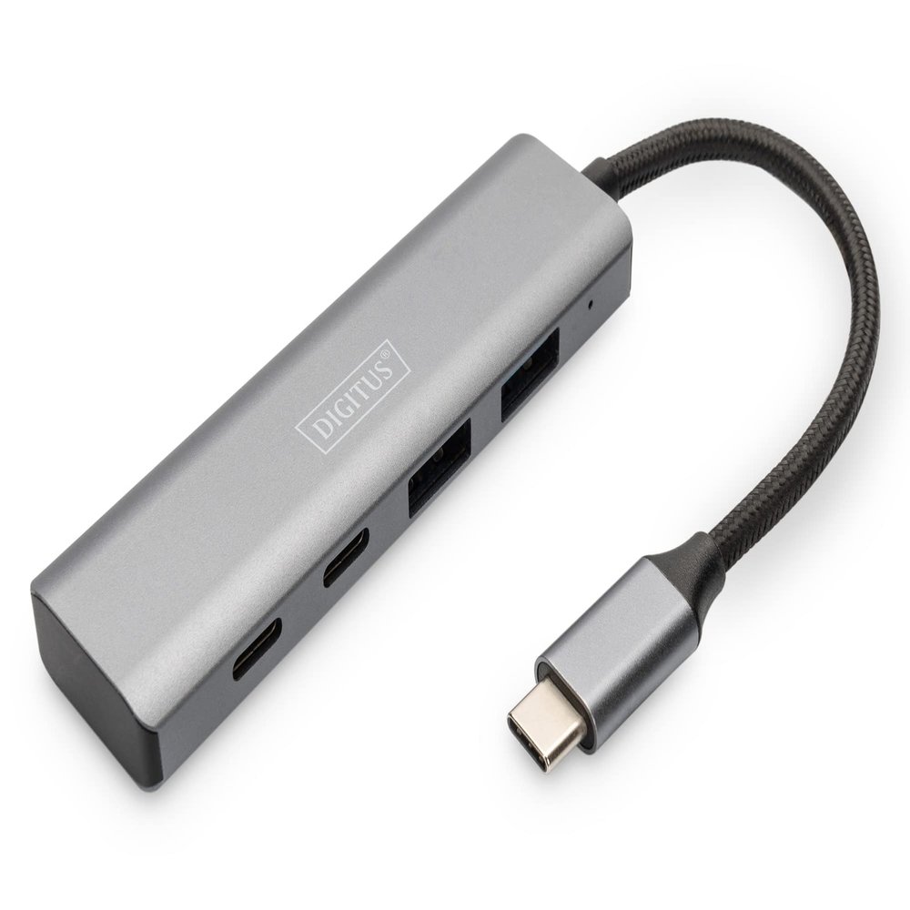 DIGITUS 4-Port USB-C Hub - USB 3.1 Gen 2-2X USB A + 2X USB-C - up to 10Gbps - Plug & Play - Aluminum Case - Dark Grey