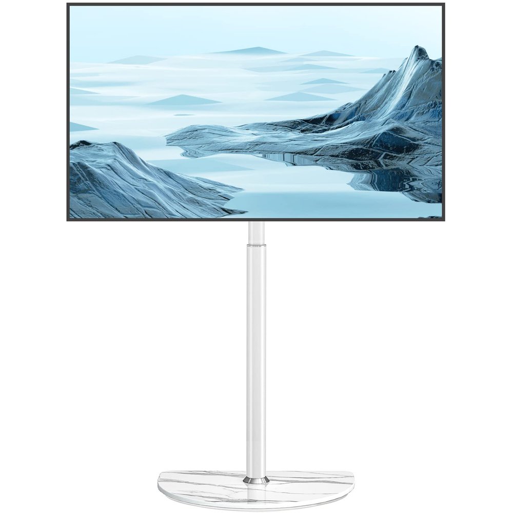 Universal Corner TV Floor Stand with Swivel Mount for 32-65 inch LED LCD Plasma Flat Panel or Curved Screen TVs, Mid Century Modern TV Stand with Height Adjustable and Semi Circular Glass Base, White