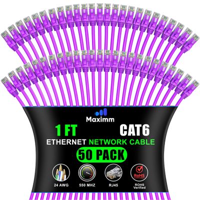 Maximm Cat 6 Ethernet Cable 1 Ft, (50-Pack) Cat6 Cable, LAN Internet and Network - UTP (Purple) 1 Foot