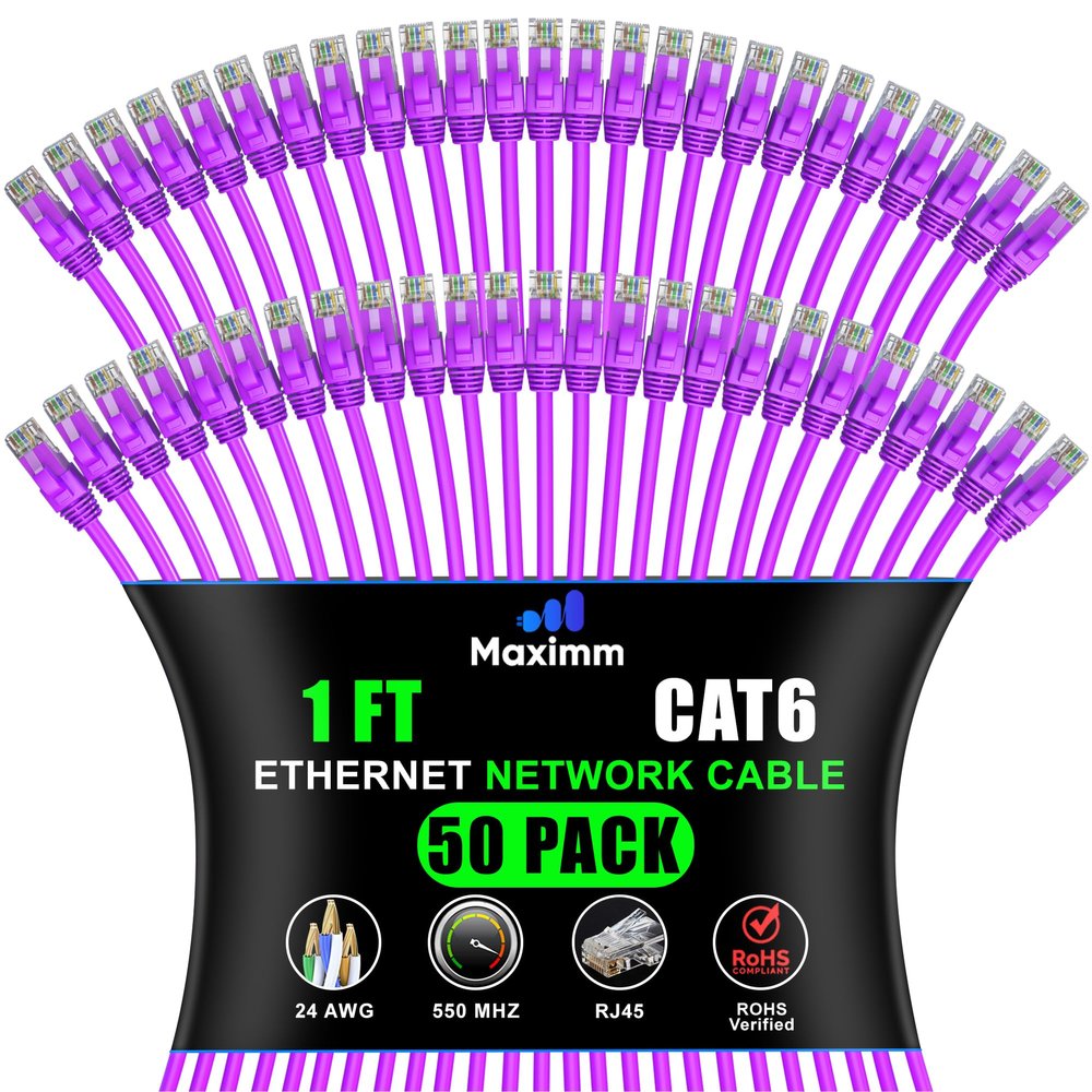 Maximm Cat 6 Ethernet Cable 1 Ft, (50-Pack) Cat6 Cable, LAN Internet and Network - UTP (Purple) 1 Foot