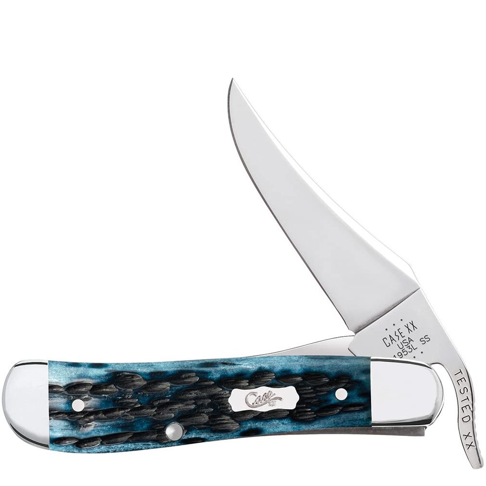 Case XX WR POCKET KNIFE RUSSLOCK - POCKET WORN MEDITERRANEAN BLUE BONE PS JIG, ITEM 51859, LENGTH CLOSED 4 1/4 INCH (61963L SS)