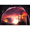 Laeacco 15x10ft Jesus Christ Cross Backdrop, Rock Cave Entrance Nature Scenery Photography Background Mountain Sunrise Glow Clouds Backdrop for Christmas Easter Birth of Jesus Party Decor Photo Shoot view 1