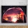 Laeacco 15x10ft Jesus Christ Cross Backdrop, Rock Cave Entrance Nature Scenery Photography Background Mountain Sunrise Glow Clouds Backdrop for Christmas Easter Birth of Jesus Party Decor Photo Shoot view 3