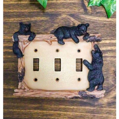 Set Of 2 Black Bear & Twigs Wall Light Cover Plate Triple Toggle Switches